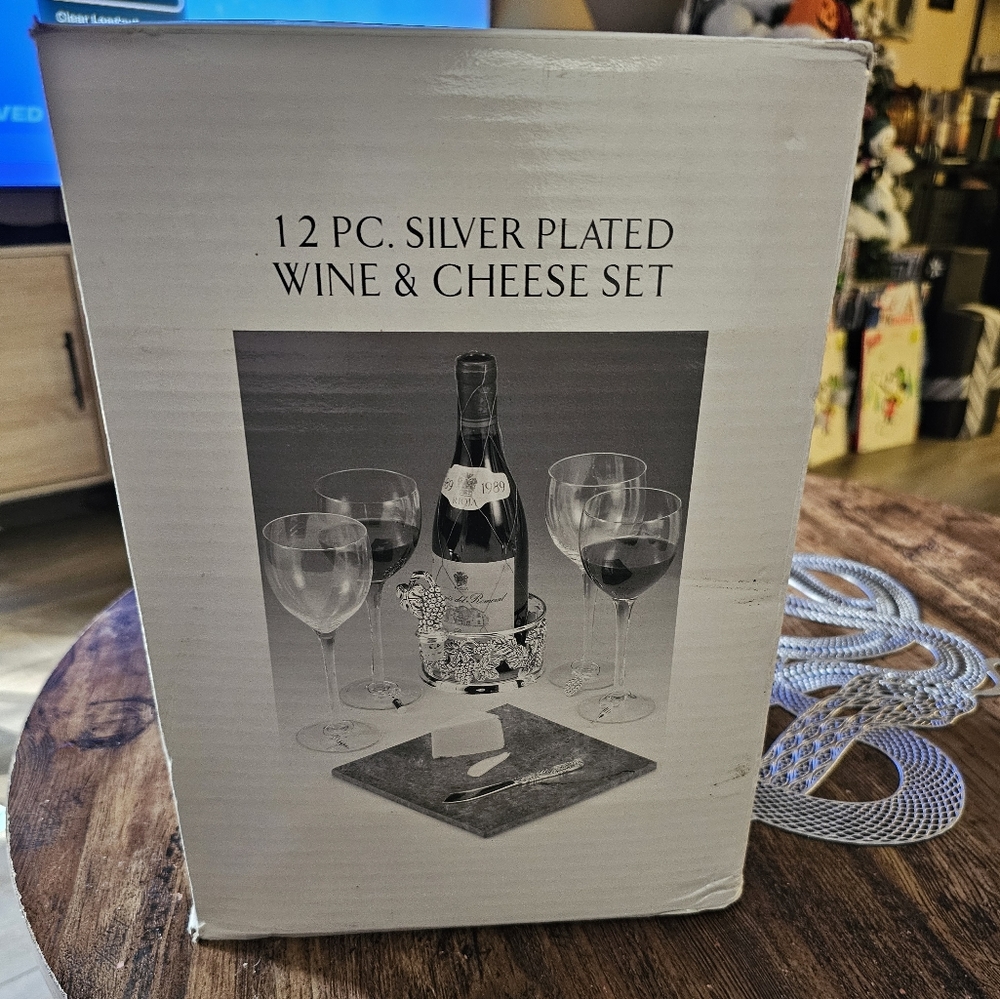 Brand new, vintage 12 piece, silver plated wine and cheese board set
